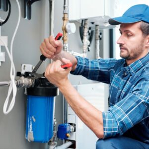 plumber installing water filtration system